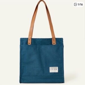 FEED Project Canvas Market Tote Shoulder Bag Blue with Leather Straps